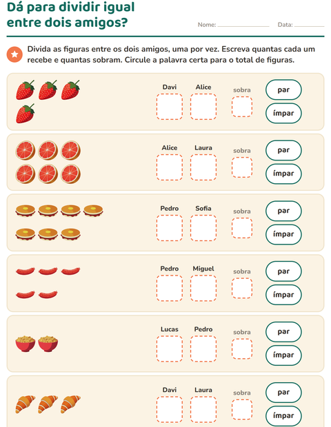 Pré-visualização da ficha de Números pares e ímpares com Café da manhã para 1º ano do ensino fundamental