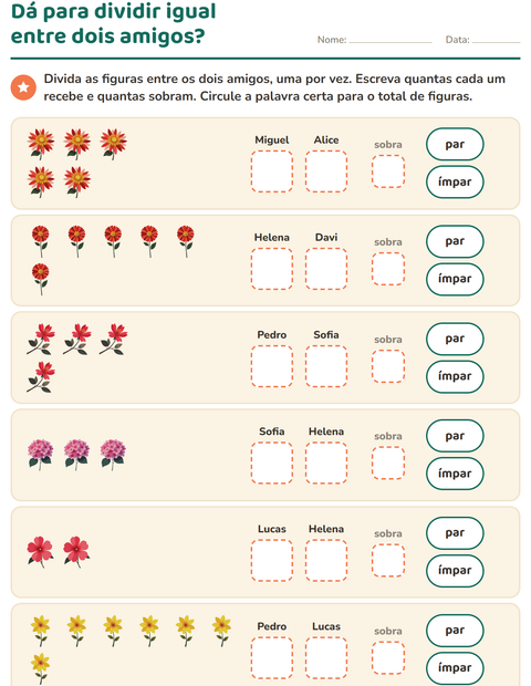 Pré-visualização da ficha de Números pares e ímpares com Flores para 1º ano do ensino fundamental