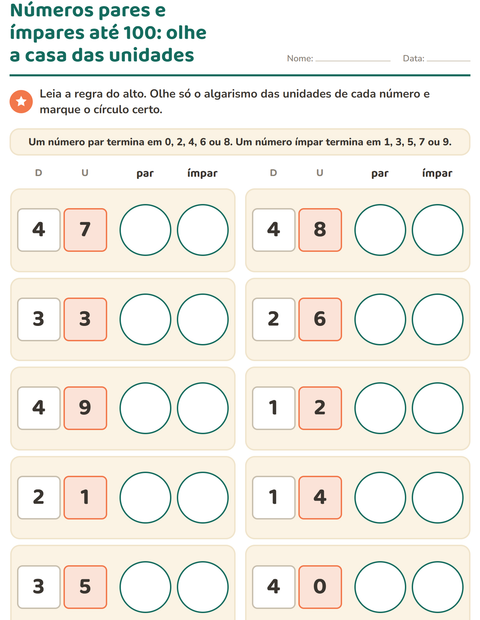 Pré-visualização da ficha de Números pares e ímpares para 2º ano do ensino fundamental