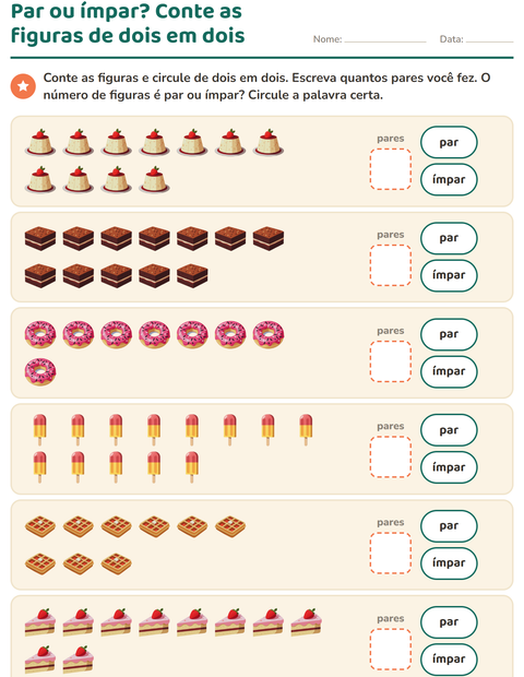 Pré-visualização da ficha de Números pares e ímpares com Sobremesas e doces para 1º ano do ensino fundamental
