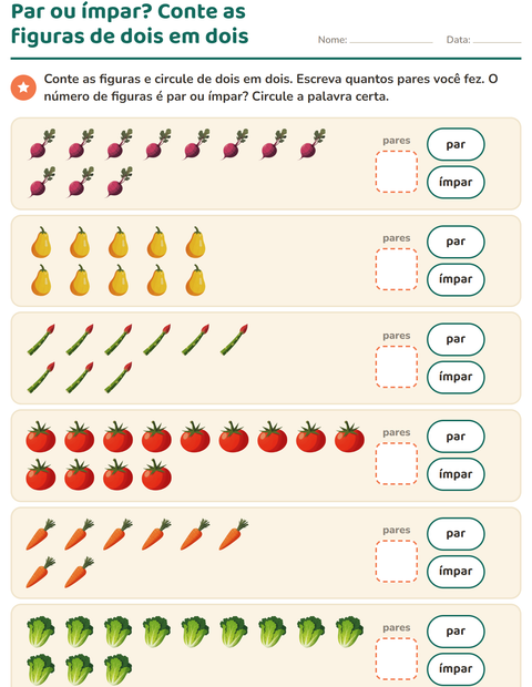 Pré-visualização da ficha de Números pares e ímpares com Vegetais para 1º ano do ensino fundamental