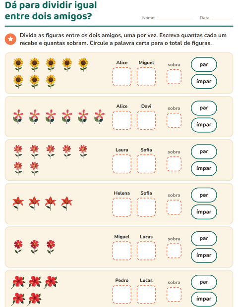 Pré-visualização da ficha de Números pares e ímpares com Flores para 1º ano do ensino fundamental