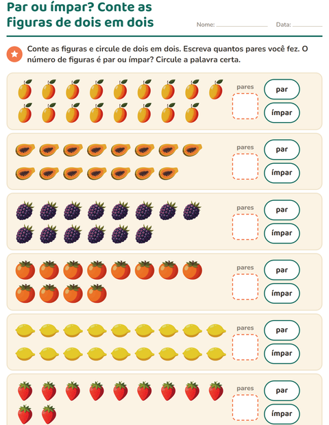 Pré-visualização da ficha de Números pares e ímpares com Frutas para 1º ano do ensino fundamental