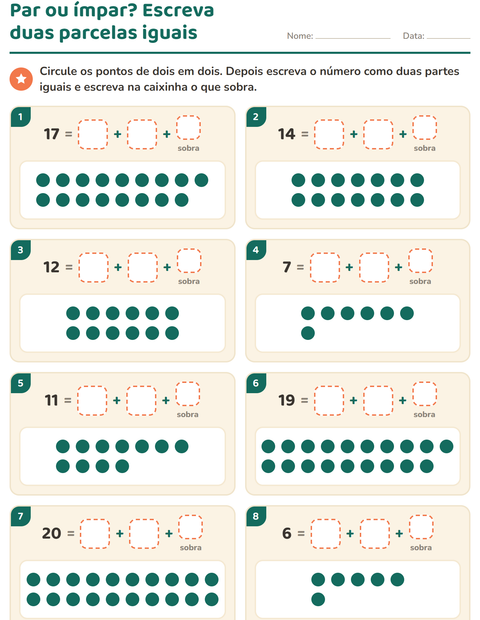 Pré-visualização da ficha de Números pares e ímpares para 2º ano do ensino fundamental