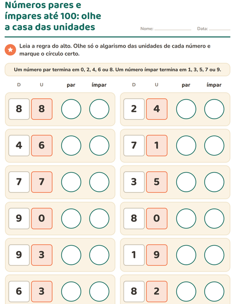 Pré-visualização da ficha de Números pares e ímpares para 2º ano do ensino fundamental