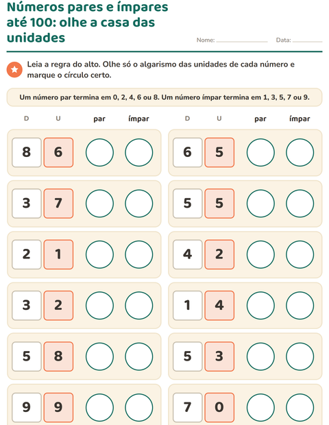 Pré-visualização da ficha de Números pares e ímpares para 2º ano do ensino fundamental
