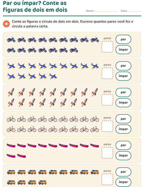 Pré-visualização da ficha de Números pares e ímpares com Veículos para 1º ano do ensino fundamental