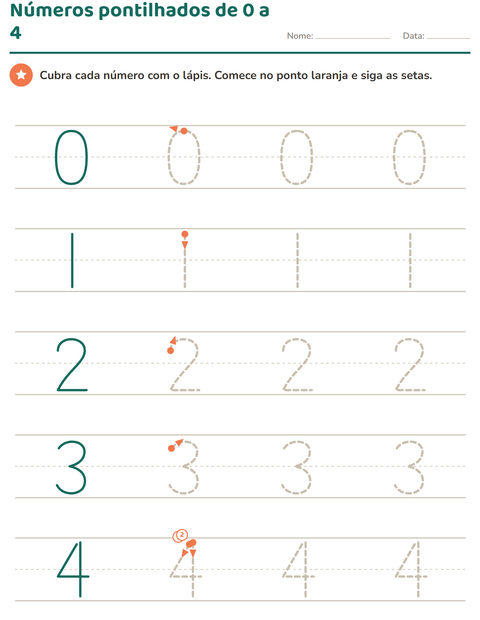 Números pontilhados de 0 a 4 em tamanho grande