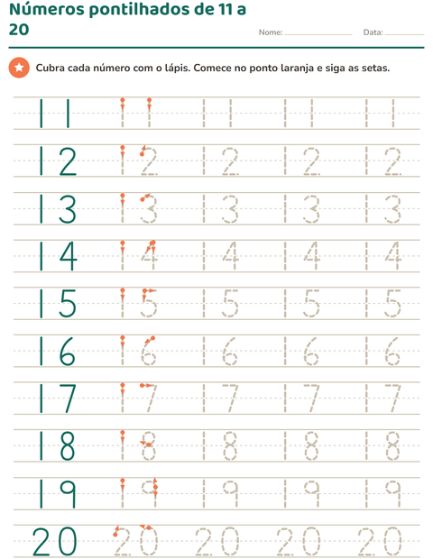 Números pontilhados de 11 a 20 para cobrir