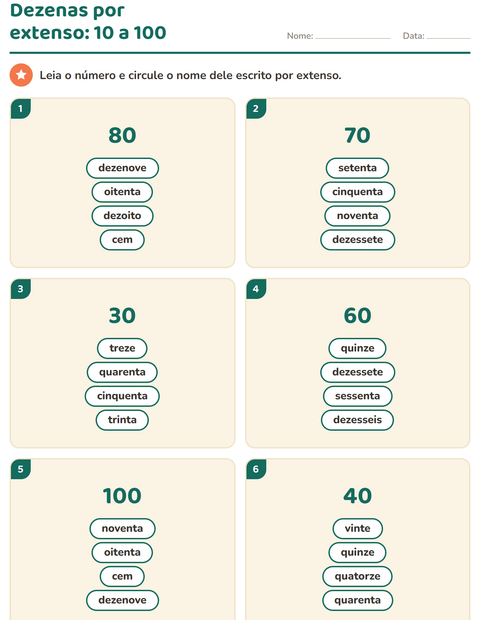 Pré-visualização da ficha de Números por extenso para 1º ano do ensino fundamental