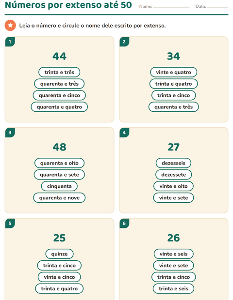 Pré-visualização da ficha de Números por extenso para 1º ano do ensino fundamental