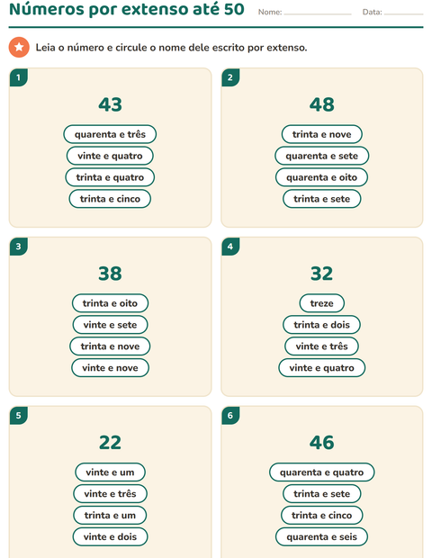 Pré-visualização da ficha de Números por extenso para 1º ano do ensino fundamental