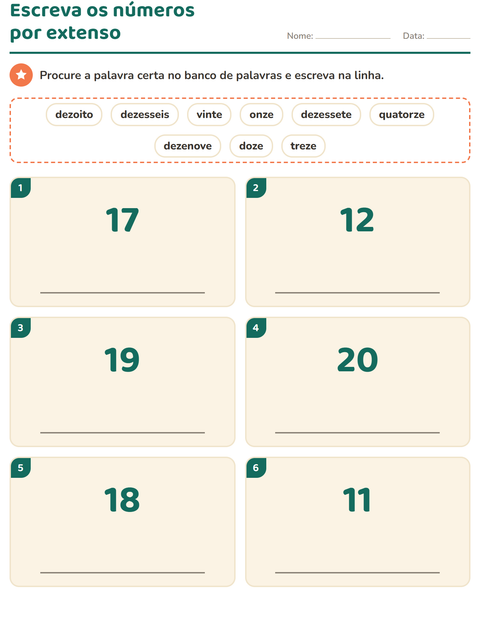 Pré-visualização da ficha de Números por extenso para 1º ano do ensino fundamental