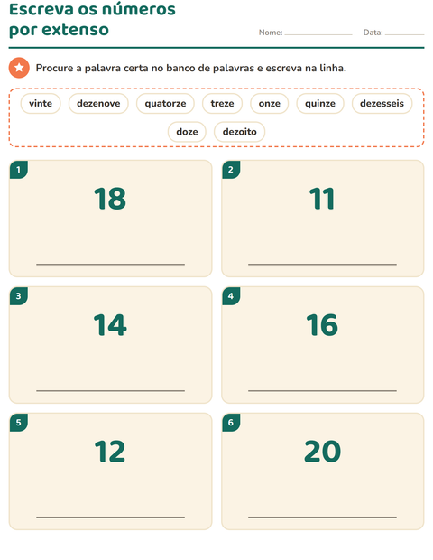 Pré-visualização da ficha de Números por extenso para 1º ano do ensino fundamental
