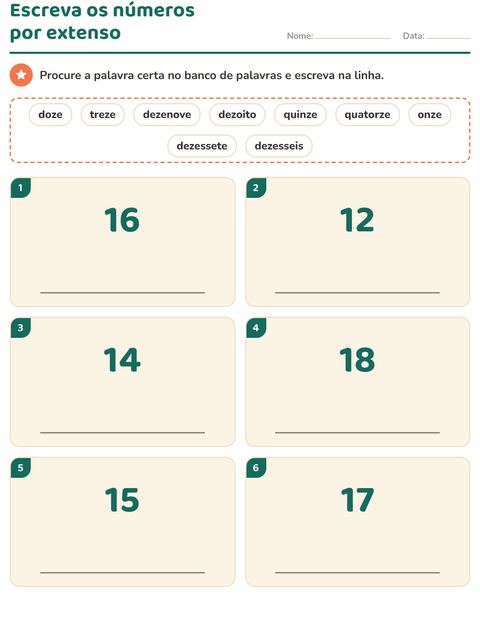 Pré-visualização da ficha de Números por extenso para 1º ano do ensino fundamental
