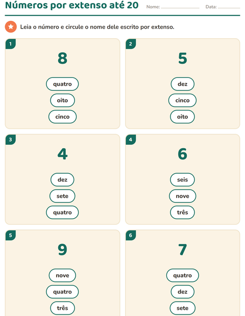 Pré-visualização da ficha de Números por extenso para 1º ano do ensino fundamental