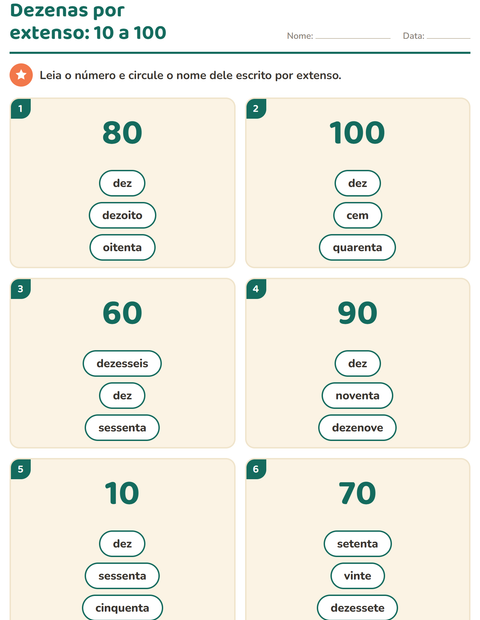 Pré-visualização da ficha de Números por extenso para 1º ano do ensino fundamental