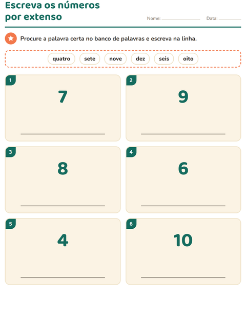 Pré-visualização da ficha de Números por extenso para 1º ano do ensino fundamental