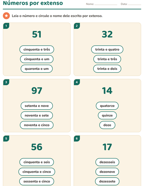 Pré-visualização da ficha de Números por extenso para 1º ano do ensino fundamental