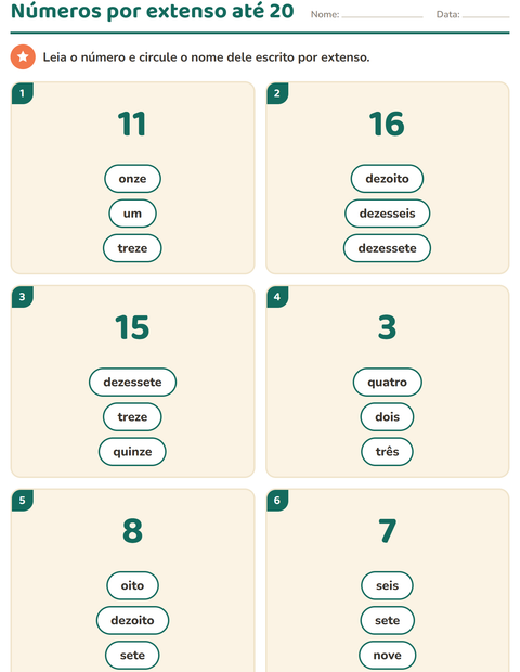 Pré-visualização da ficha de Números por extenso para 1º ano do ensino fundamental