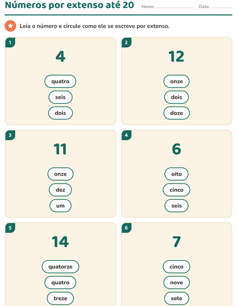 Números por extenso até 20: circule a palavra certa