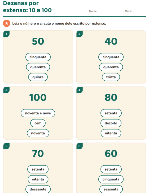 Pré-visualização da ficha de Números por extenso para 1º ano do ensino fundamental