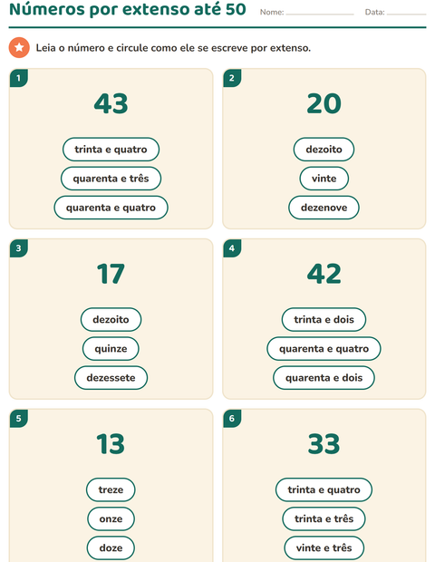 Números por extenso até 50: leitura atenta