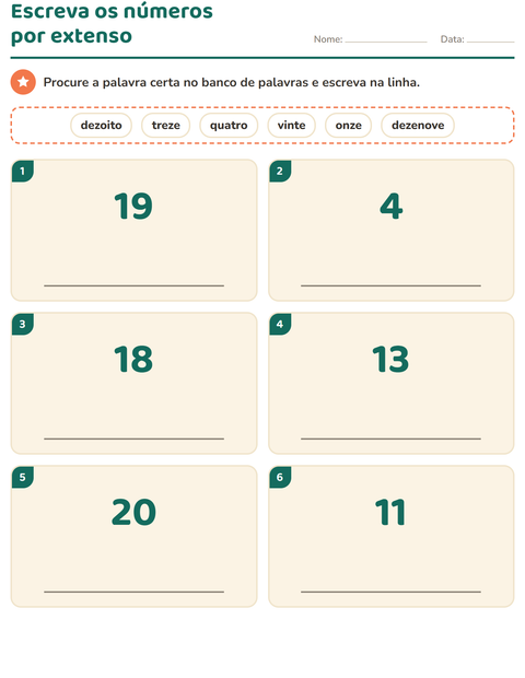 Pré-visualização da ficha de Números por extenso para 1º ano do ensino fundamental