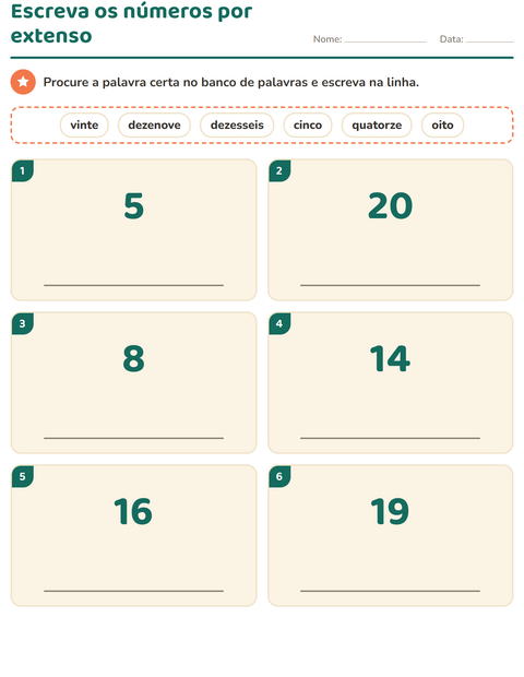 Prévia: Escreva os números por extenso com o banco de palavras