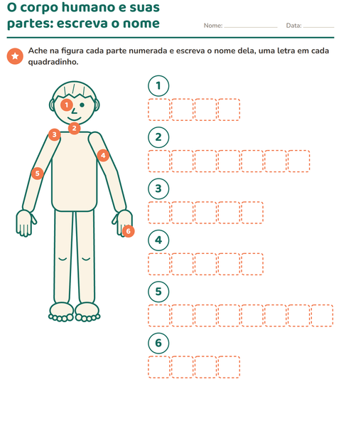 Partes do corpo numeradas: escreva o nome, uma letra em cada quadradinho