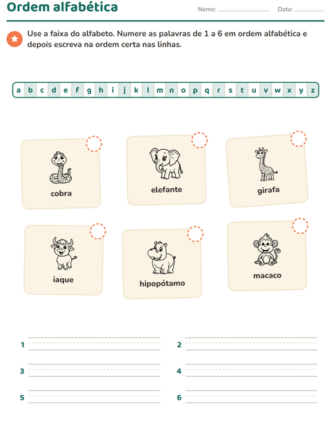 Pré-visualização da ficha de Ordem alfabética com Animais do zoológico PB para 1º ano do ensino fundamental