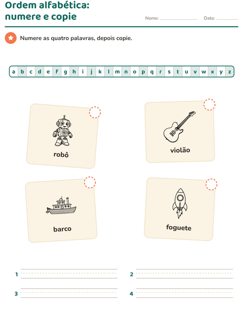 Pré-visualização da ficha de Ordem alfabética com Brinquedos PB para 1º ano do ensino fundamental