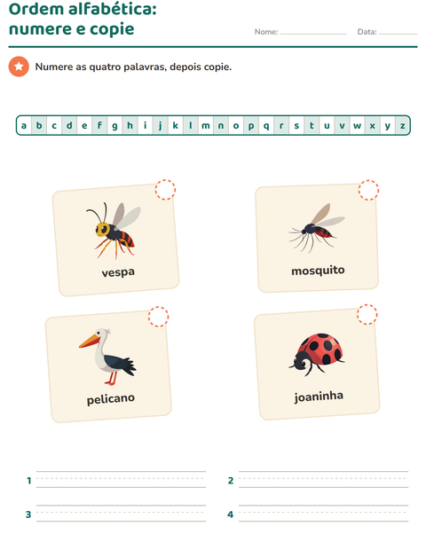 Pré-visualização da ficha de Ordem alfabética com Coisas que voam para 1º ano do ensino fundamental