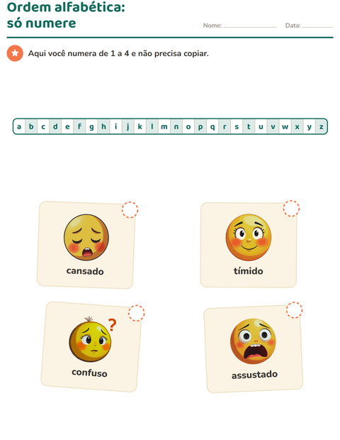 Pré-visualização da ficha de Ordem alfabética com Emoções para 1º ano do ensino fundamental