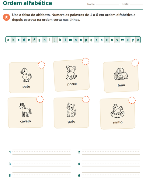 Pré-visualização da ficha de Ordem alfabética com Fazenda PB para 1º ano do ensino fundamental