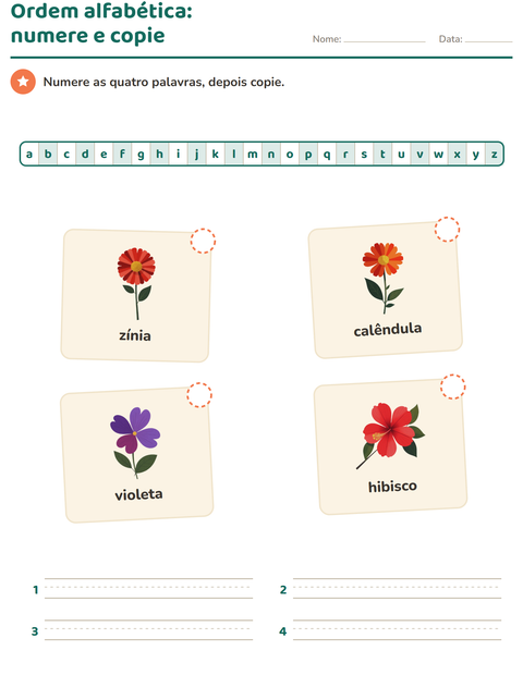 Pré-visualização da ficha de Ordem alfabética com Flores para 1º ano do ensino fundamental