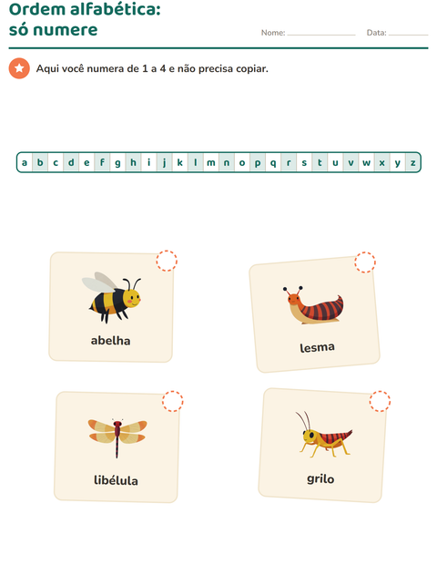 Pré-visualização da ficha de Ordem alfabética com Insetos e bichos para 1º ano do ensino fundamental