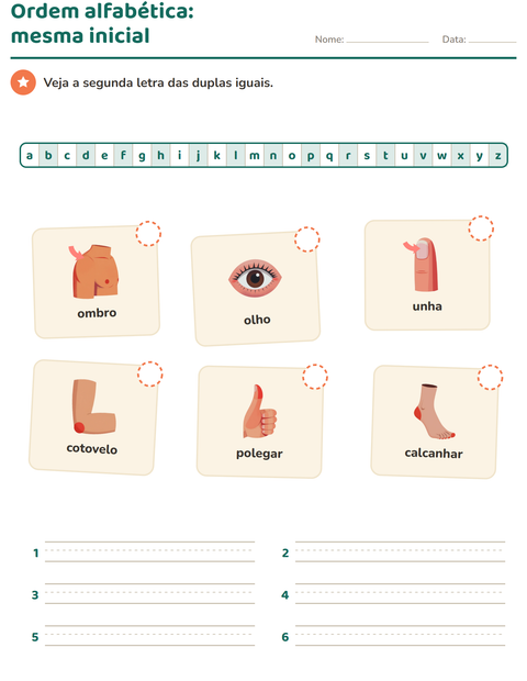 Pré-visualização da ficha de Ordem alfabética com Partes do corpo para 1º ano do ensino fundamental
