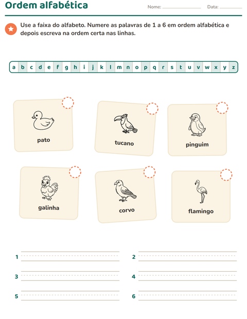 Pré-visualização da ficha de Ordem alfabética com Pássaros P&B para 1º ano do ensino fundamental