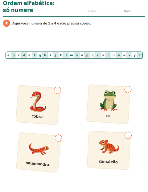 Pré-visualização da ficha de Ordem alfabética com Répteis e anfíbios para 1º ano do ensino fundamental