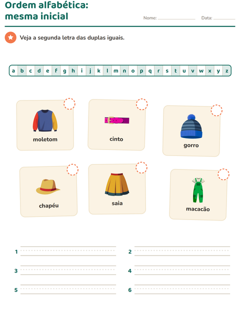 Pré-visualização da ficha de Ordem alfabética com Roupas para 1º ano do ensino fundamental