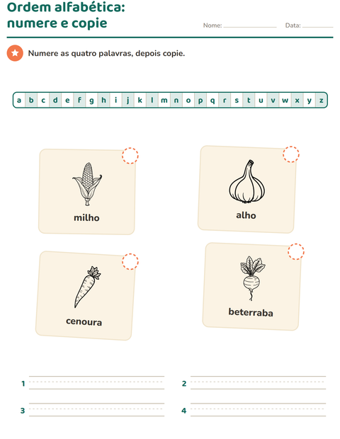 Pré-visualização da ficha de Ordem alfabética com Vegetais PB para 1º ano do ensino fundamental