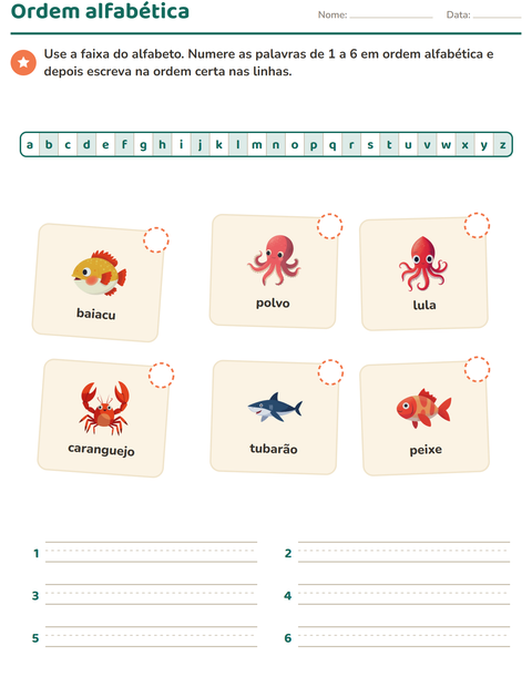 Pré-visualização da ficha de Ordem alfabética com Vida marinha para 1º ano do ensino fundamental
