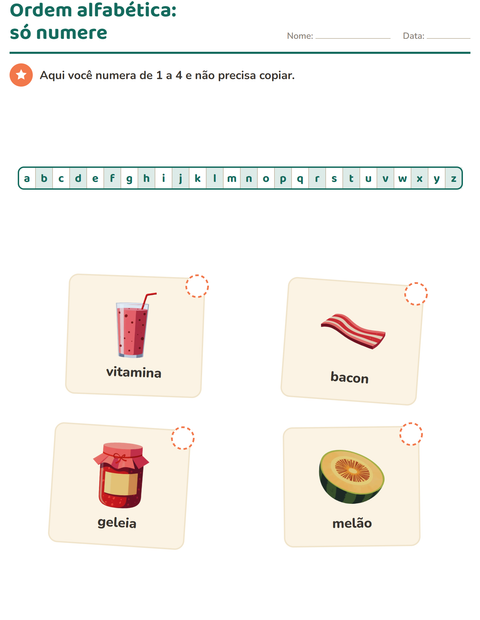 Pré-visualização da ficha de Ordem alfabética com Café da manhã para 1º ano do ensino fundamental