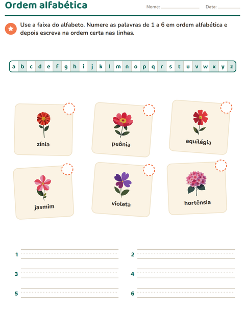 Pré-visualização da ficha de Ordem alfabética com Flores para 1º ano do ensino fundamental