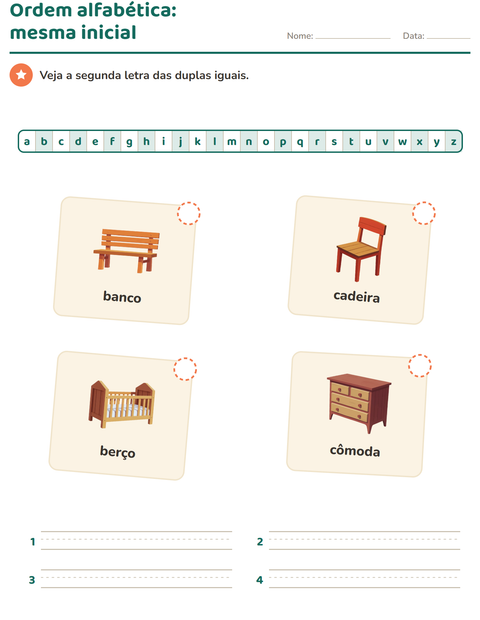 Pré-visualização da ficha de Ordem alfabética com Móveis para 1º ano do ensino fundamental