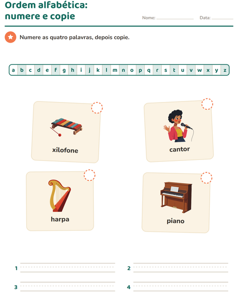 Pré-visualização da ficha de Ordem alfabética com Música para 1º ano do ensino fundamental