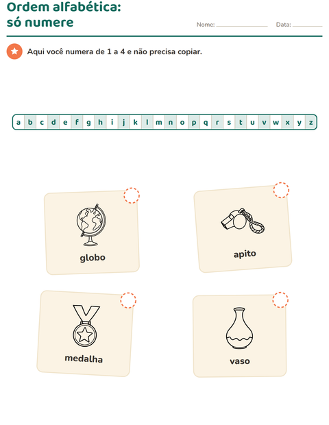 Pré-visualização da ficha de Ordem alfabética com Objetos PB para 1º ano do ensino fundamental
