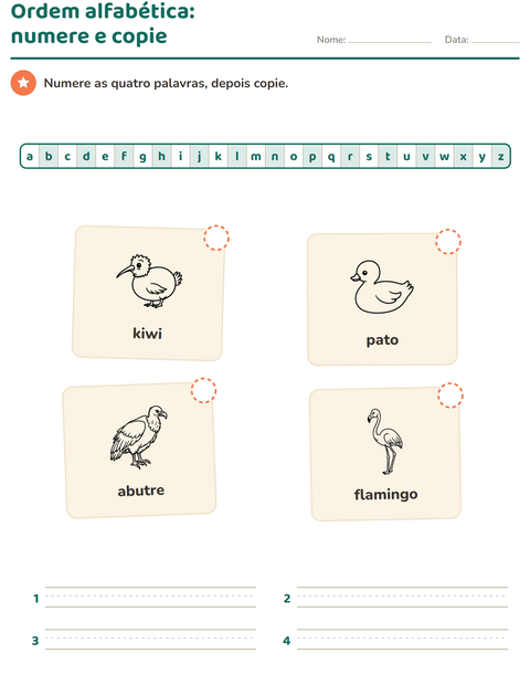 Pré-visualização da ficha de Ordem alfabética com Pássaros P&B para 1º ano do ensino fundamental