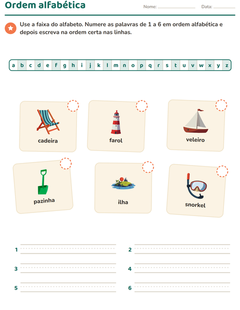 Pré-visualização da ficha de Ordem alfabética com Praia para 1º ano do ensino fundamental